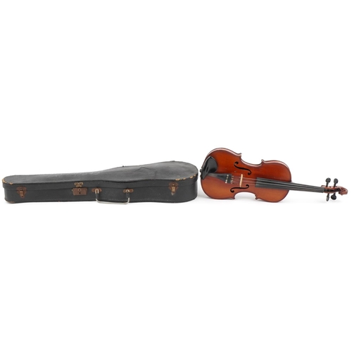 1238 - Old wooden violin with fitted case, the violin back 14 inches in length