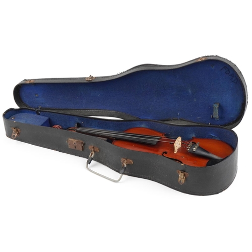 1238 - Old wooden violin with fitted case, the violin back 14 inches in length