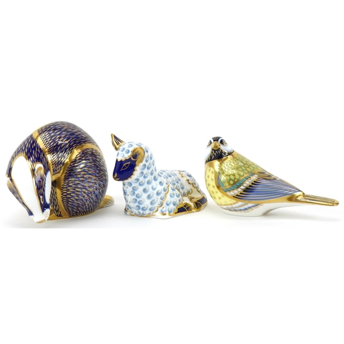 1169 - Royal Crown Derby Great Tit, Lamb and Badger paperweights with gold stoppers, the largest 11cm in le... 