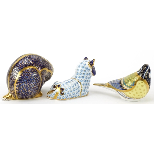 1169 - Royal Crown Derby Great Tit, Lamb and Badger paperweights with gold stoppers, the largest 11cm in le... 