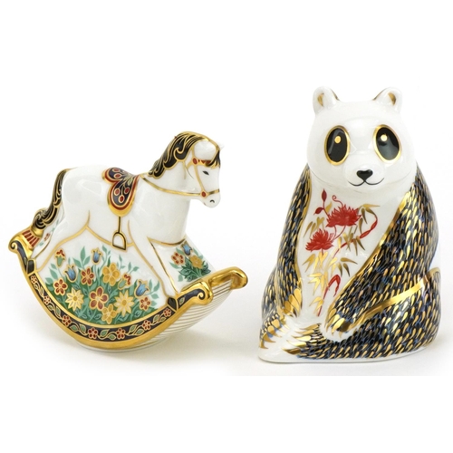 1168 - Royal Crown Derby Rocking Horse Treasures of Childhood paperweight with gold stopper and a Panda exa... 