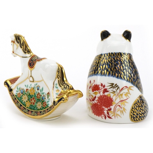 1168 - Royal Crown Derby Rocking Horse Treasures of Childhood paperweight with gold stopper and a Panda exa... 