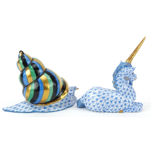 1151 - Herend, Hungarian hand painted porcelain fishnet pattern unicorn and a snail, the largest 9.5cm in l... 