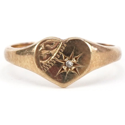 2339 - 9ct gold diamond signet ring in the form of a love heart, size F, 1.1g