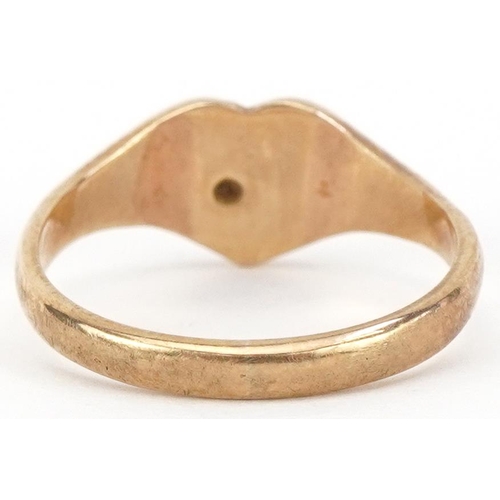 2339 - 9ct gold diamond signet ring in the form of a love heart, size F, 1.1g