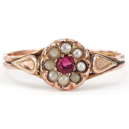 2329 - Antique 9ct rose gold pink stone and seed pearl flower head cluster ring, size L/M, 0.5g