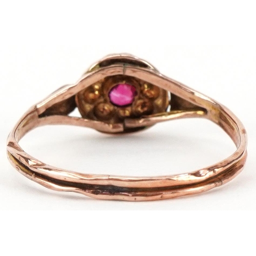 2329 - Antique 9ct rose gold pink stone and seed pearl flower head cluster ring, size L/M, 0.5g