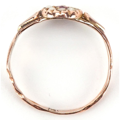 2329 - Antique 9ct rose gold pink stone and seed pearl flower head cluster ring, size L/M, 0.5g