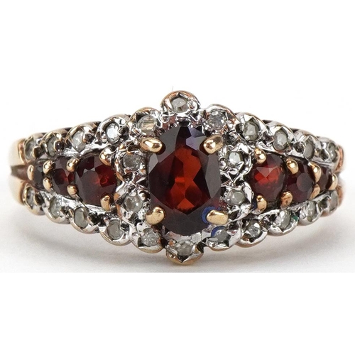 2327 - Antique style 9ct gold garnet and diamond cluster ring, size N, 2.6g