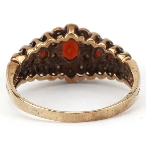 2327 - Antique style 9ct gold garnet and diamond cluster ring, size N, 2.6g