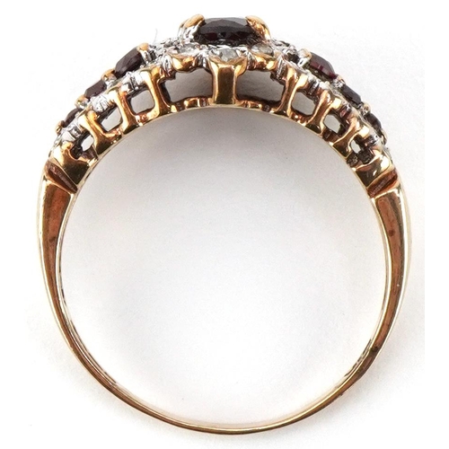 2327 - Antique style 9ct gold garnet and diamond cluster ring, size N, 2.6g