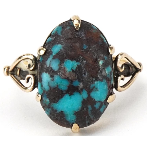 Antique unmarked gold cabochon matrix turquoise ring with love heart shoulders, tests as 15ct gold, size L, 3.2g
