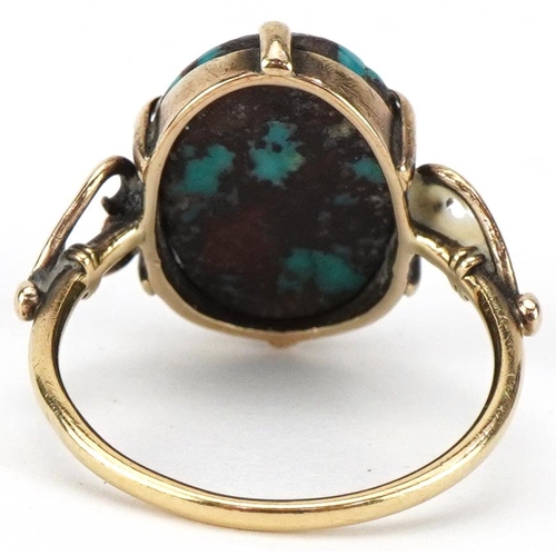 2357 - Antique unmarked gold cabochon matrix turquoise ring with love heart shoulders, tests as 15ct gold, ... 