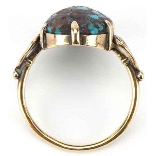 2357 - Antique unmarked gold cabochon matrix turquoise ring with love heart shoulders, tests as 15ct gold, ... 