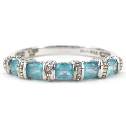 2315 - 9ct white gold aquamarine and diamond half eternity ring, size O/P, 2.2g