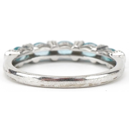 2315 - 9ct white gold aquamarine and diamond half eternity ring, size O/P, 2.2g