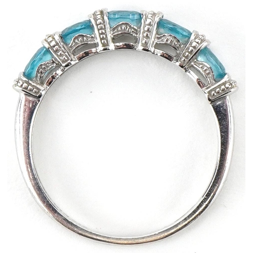 2315 - 9ct white gold aquamarine and diamond half eternity ring, size O/P, 2.2g