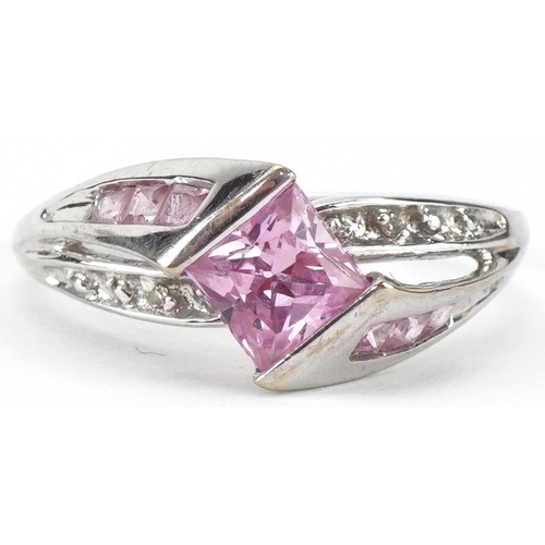 2309 - 10K white gold pink topaz and diamond crossover ring, size N, 2.4g