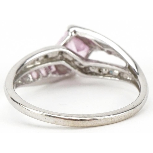 2309 - 10K white gold pink topaz and diamond crossover ring, size N, 2.4g