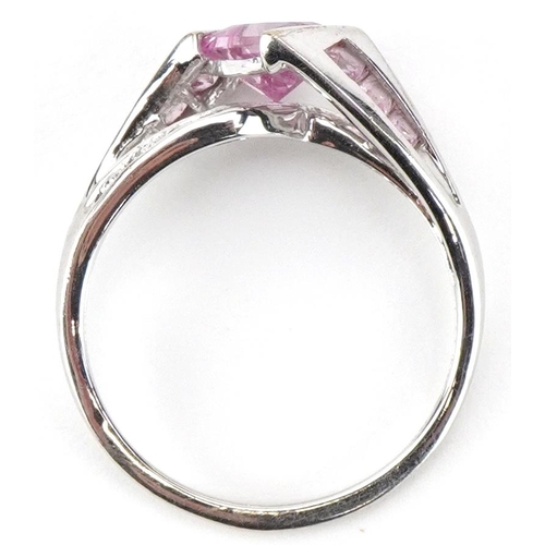 2309 - 10K white gold pink topaz and diamond crossover ring, size N, 2.4g