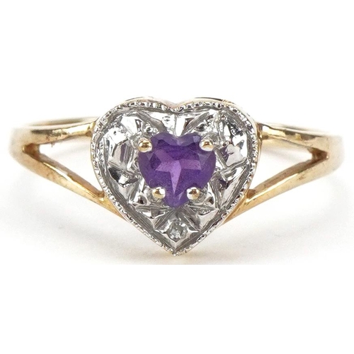 2353 - 9ct gold amethyst and diamond love heart ring with split shoulders, size M/N, 1.3g