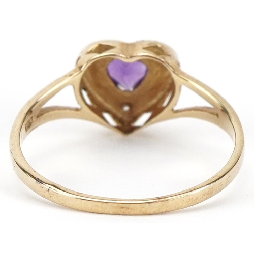 2353 - 9ct gold amethyst and diamond love heart ring with split shoulders, size M/N, 1.3g