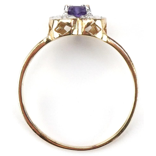 2353 - 9ct gold amethyst and diamond love heart ring with split shoulders, size M/N, 1.3g