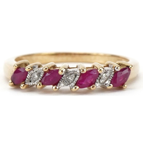 2352 - 9ct gold pink spinel and diamond half eternity ring, size P, 2.5g