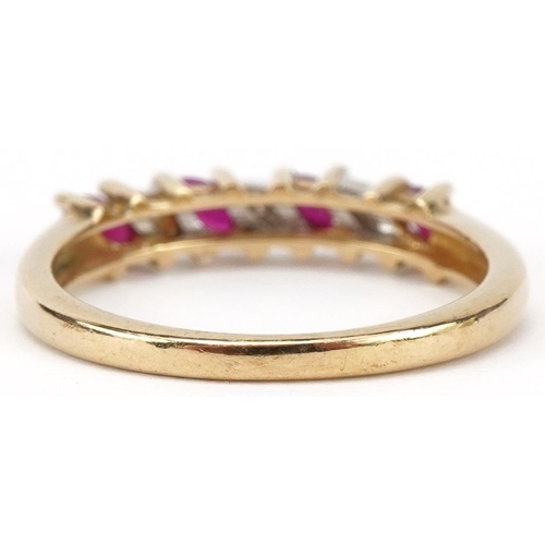 2352 - 9ct gold pink spinel and diamond half eternity ring, size P, 2.5g