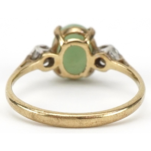 2359 - 9ct gold cabochon green stone and diamond three stone ring, size P, 2.1g