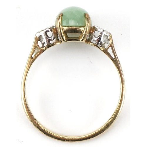 2359 - 9ct gold cabochon green stone and diamond three stone ring, size P, 2.1g