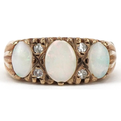 2461 - Antique style 9ct gold opal and diamond half eternity ring with ornate setting, size J, 3.5g