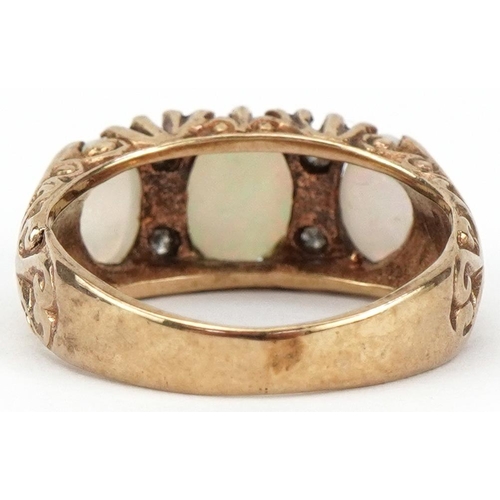 2461 - Antique style 9ct gold opal and diamond half eternity ring with ornate setting, size J, 3.5g