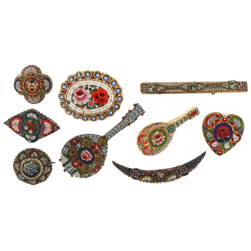 2668 - Nine vintage and later Italian micro mosaic brooches including two in the form of mandolins, the lar... 