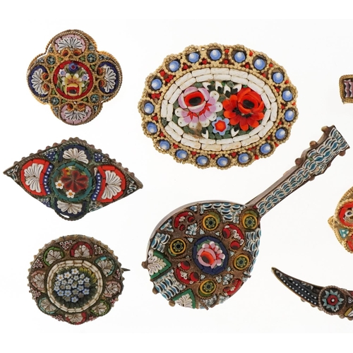 2668 - Nine vintage and later Italian micro mosaic brooches including two in the form of mandolins, the lar... 