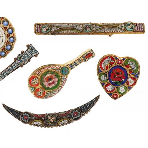 2668 - Nine vintage and later Italian micro mosaic brooches including two in the form of mandolins, the lar... 