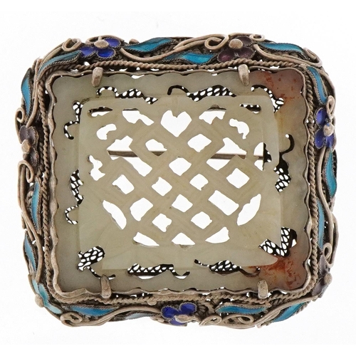 Chinese filigree silver and enamel brooch inset with a carved hardstone panel, 4cm wide, 17.4g