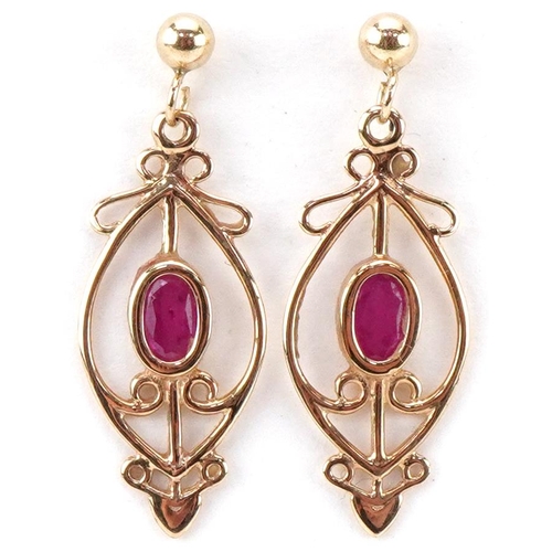 2312 - Pair of Art Nouveau style 9ct gold ruby openwork drop earrings, each 2.8cm high, total 1.4g