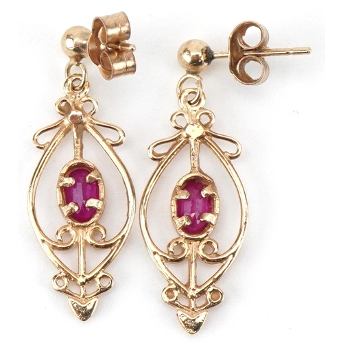 2312 - Pair of Art Nouveau style 9ct gold ruby openwork drop earrings, each 2.8cm high, total 1.4g