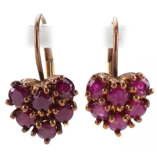 2153 - Pair of Mexican 10K gold pink spinel earrings in the form of love hearts, each 1cm high, total 2.2g