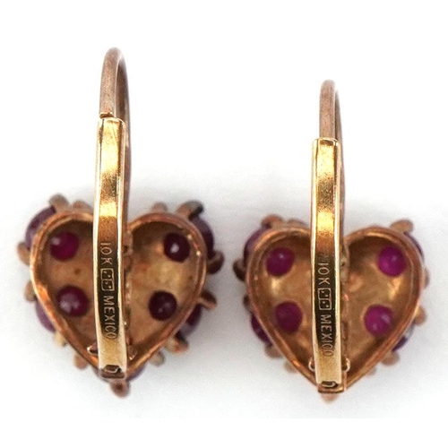 2153 - Pair of Mexican 10K gold pink spinel earrings in the form of love hearts, each 1cm high, total 2.2g