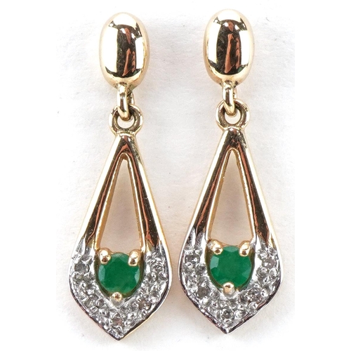 2273 - Pair of 9ct gold emerald and diamond drop earrings, each 2.5cm high, total 2.7g