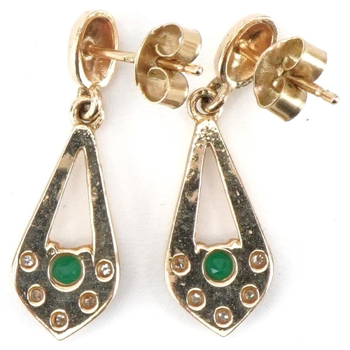 2273 - Pair of 9ct gold emerald and diamond drop earrings, each 2.5cm high, total 2.7g