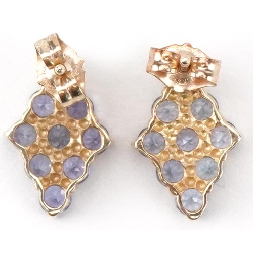 2439 - Pair of Mexican 10K gold purple stone marquis cluster stud earrings, each 1.8cm high, total 1.1g