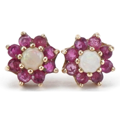 2247 - Pair of 9ct gold opal and pink spinel flower head stud earrings, each 8.2mm in diameter, total 1.3g