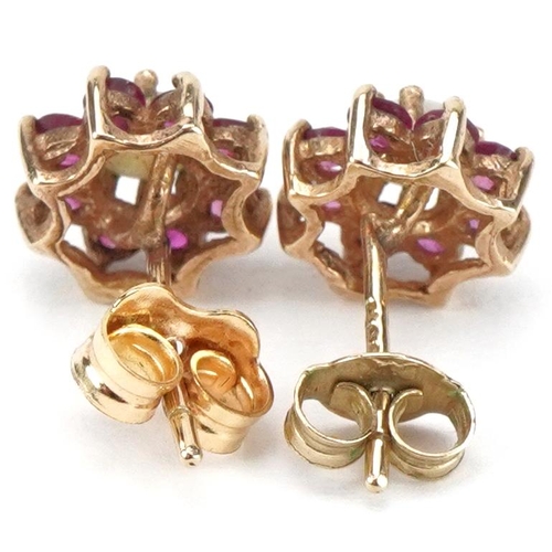 2247 - Pair of 9ct gold opal and pink spinel flower head stud earrings, each 8.2mm in diameter, total 1.3g