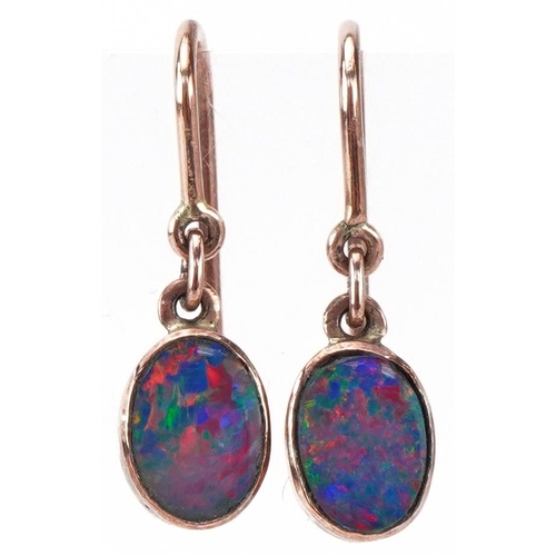 2252 - Pair of unmarked gold opal drop earrings, tests as 9ct gold, each 1.9cm high, total 1.2g