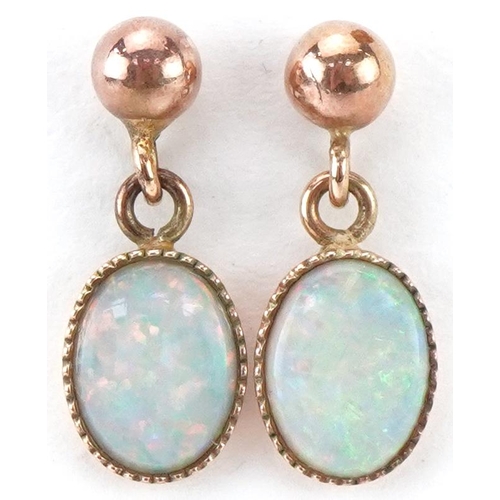 2171 - Pair of 9ct gold opal drop earrings, each 1.7cm high, total 1.4g