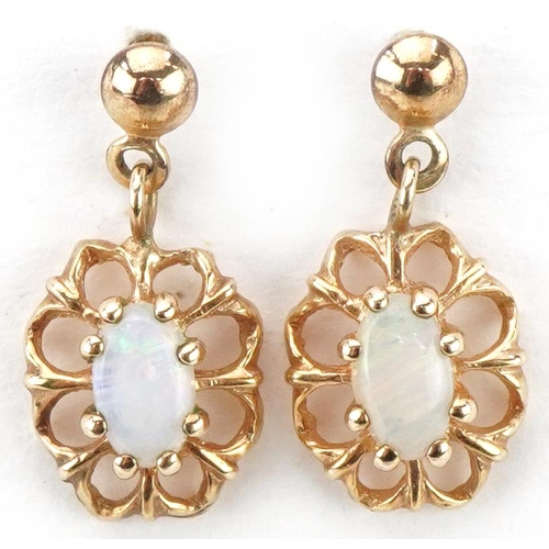 2167 - Pair of 9ct gold opal flower head drop earrings, each 1.6cm high, total 1.1g