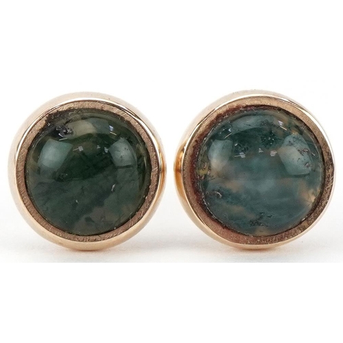 2225 - Pair of 9ct gold cabochon moss agate stud earrings, each 7.2mm in diameter, total 1.4g